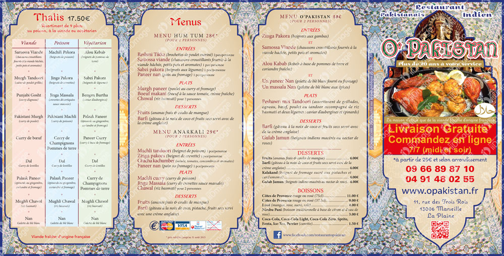 Création graphique et impression des dépliants 8 pages 105x210 du restaurant traiteur O'pakistan à Marseille 13006 par iiDmage imprimerie numérique