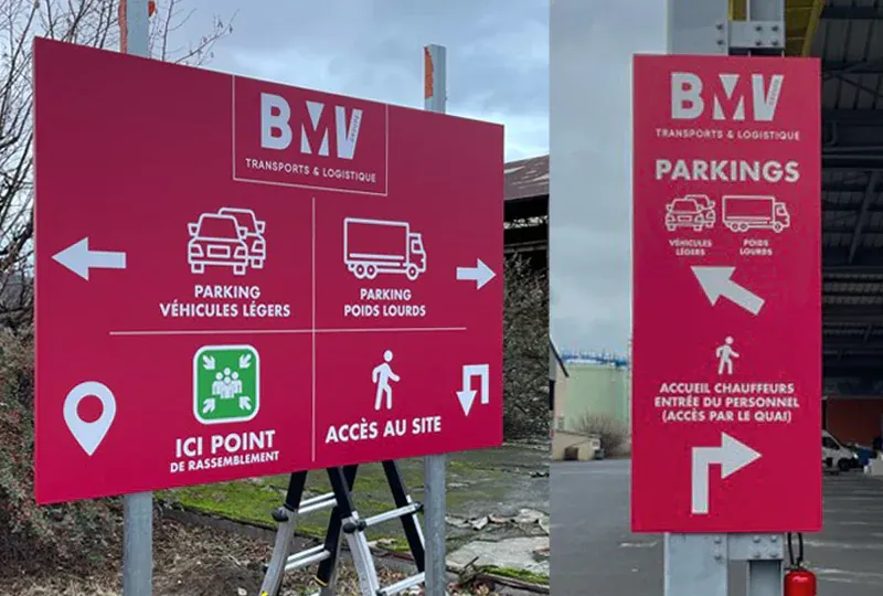 Panneaux de signalétique type Dibond®<br>pour une société de transport et logistique.<br>#Localisation #Circulation