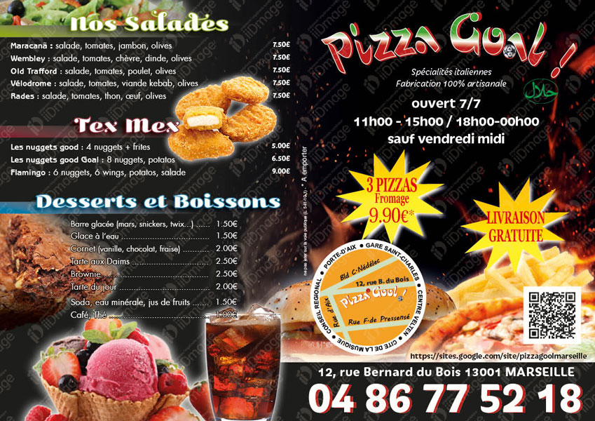 iiDmage imprimerie numérique créé et imprime les flyers dépliants A5 du snack fastfood pizzeria Pizza Goal à Marseille 13002