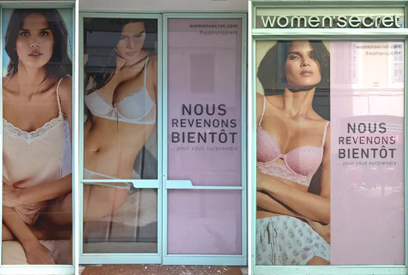Vitrophanie temporaire<br>pendant les travaux d'une boutique de prêt-à-porter<br>#PoseIntérieure #AntiDégradation